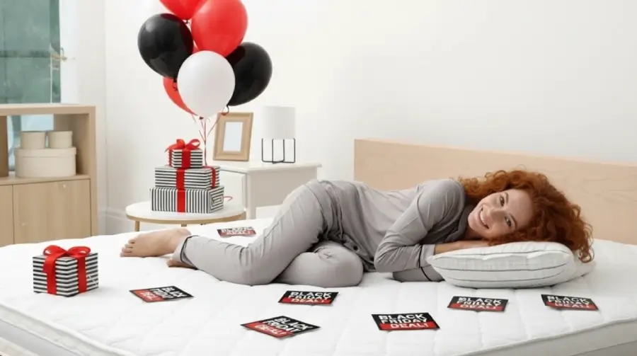Attractive lady laying on a new, comfy mattress she bough during Black Friday sale
