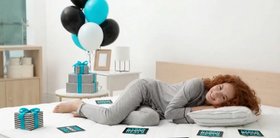Attractive lady laying on a new, comfy mattress she bough during Black Friday sale