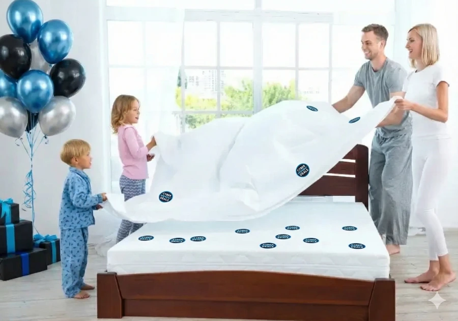 Cyber Monday Affordable Mattress Article Happy family setting up cheap mattress