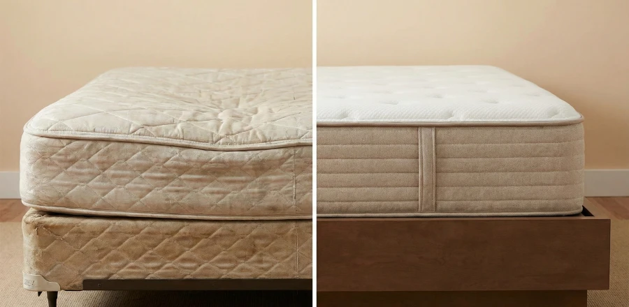 Before and after comparison of a sagging mattress on the left and a new, supportive mattress on the right.