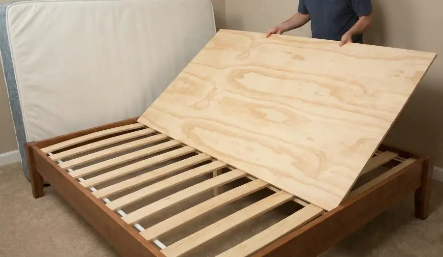 Person placing a sheet of plywood over a slatted bed frame to add support for a sagging mattress.