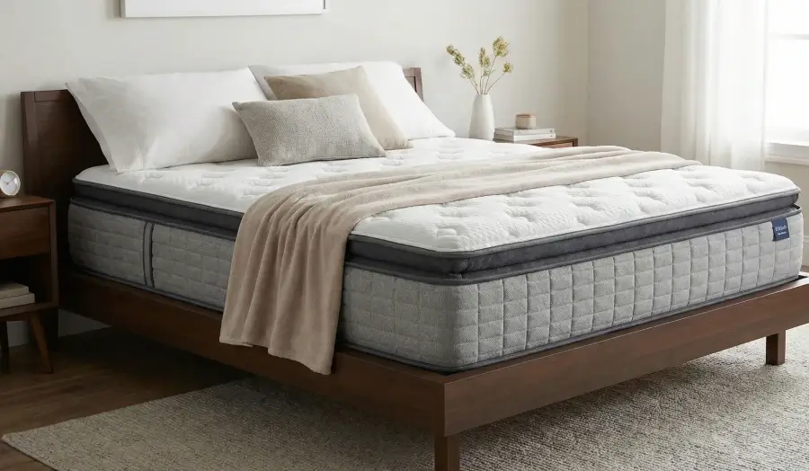 A brand new, high-quality hybrid mattress with a flat, supportive surface on a modern bed frame.