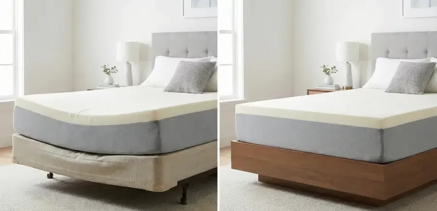 Side-by-side comparison of a memory foam mattress sagging on an old box spring versus one lying flat on a solid foundation.