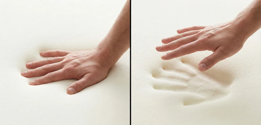 Split image showing a hand pressing into a new, stiff memory foam mattress on the left, and a hand pressing into a softened, broken-in foam mattress on the right with a visible handprint.