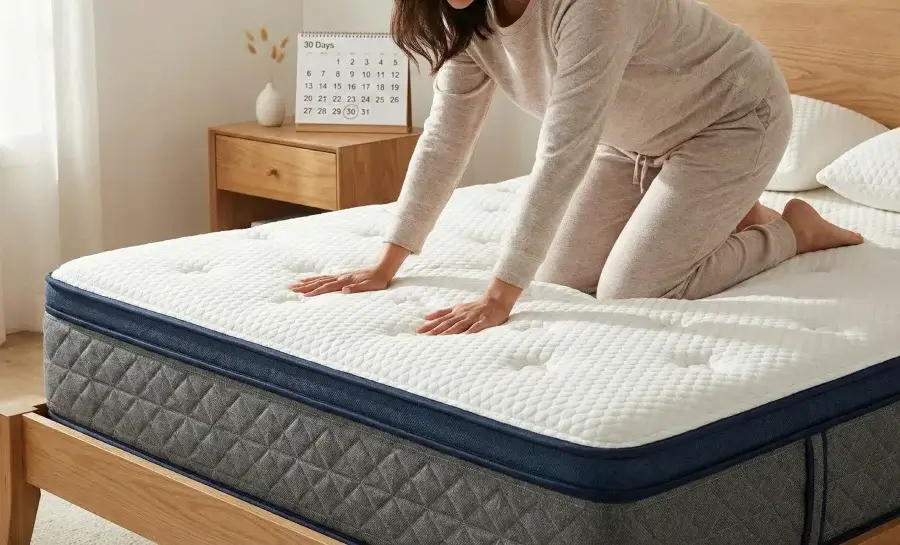 Person crawling on a new memory foam mattress to break in the foam layers and make it softer.