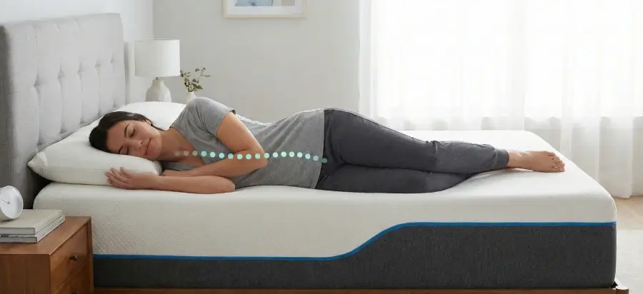 A person sleeping comfortably on their side on a broken-in memory foam mattress showing proper spinal alignment with a graphic overlay.
