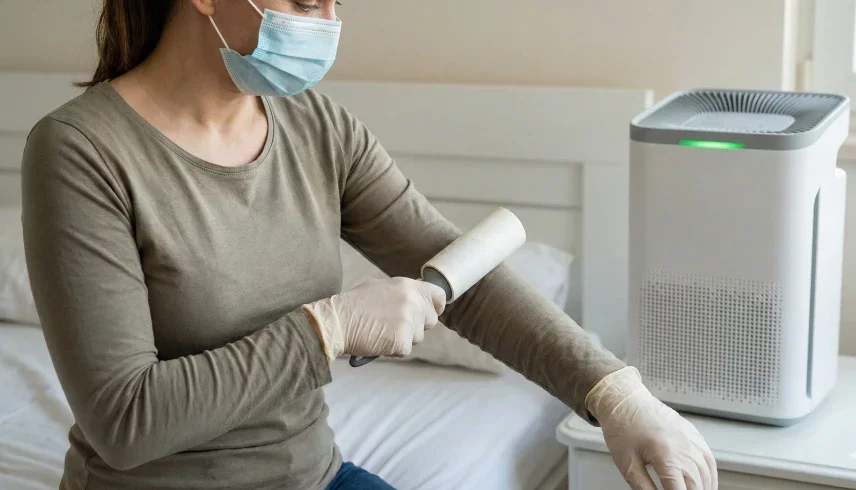 Realistic photo of a person wearing safety gear using a lint roller and HEPA air purifier to clean a bedroom.