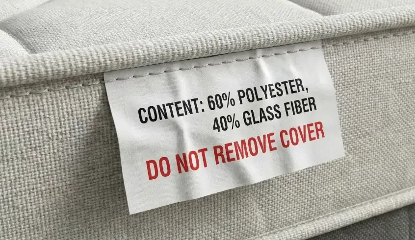 Close-up of a mattress tag showing realistic fabric texture, listing "Glass Fiber" and a "Do Not Remove Cover" warning.