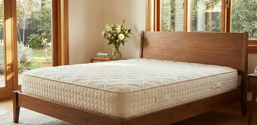 High-quality lifestyle photograph of a certified organic, fiberglass-free mattress in a sunlit bedroom.