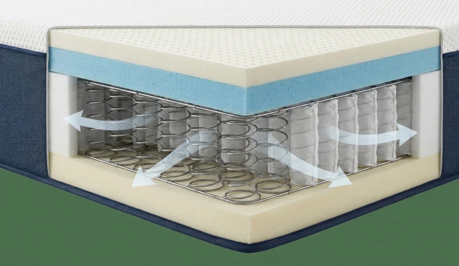 Cross-section view of a hybrid mattress showing individual pocketed coils with arrows indicating airflow, topped with breathable foam layers.