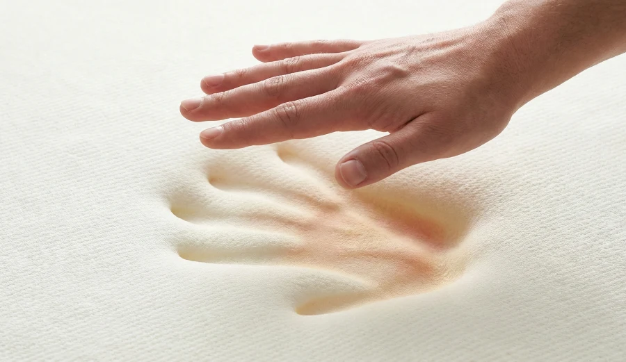 Hand lifting off a memory foam mattress, leaving behind a deep handprint with a subtle warm color shift indicating trapped body heat.