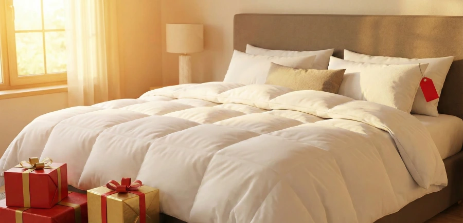 Bright, sun-lit Australian bedroom featuring a luxury white mattress with a red sale tag attached to the pillow and gift boxes on the floor, symbolizing Boxing Day mattress sales.