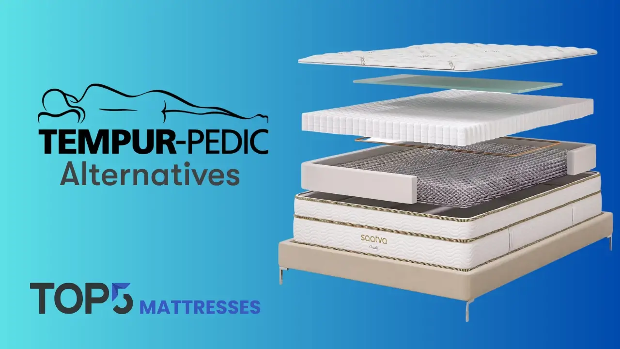 Article thumbnail for Tempur-Pedic alternatives featuring a detailed layer-by-layer diagram of a Saatva mattress and the Top 5 Mattresses logo.