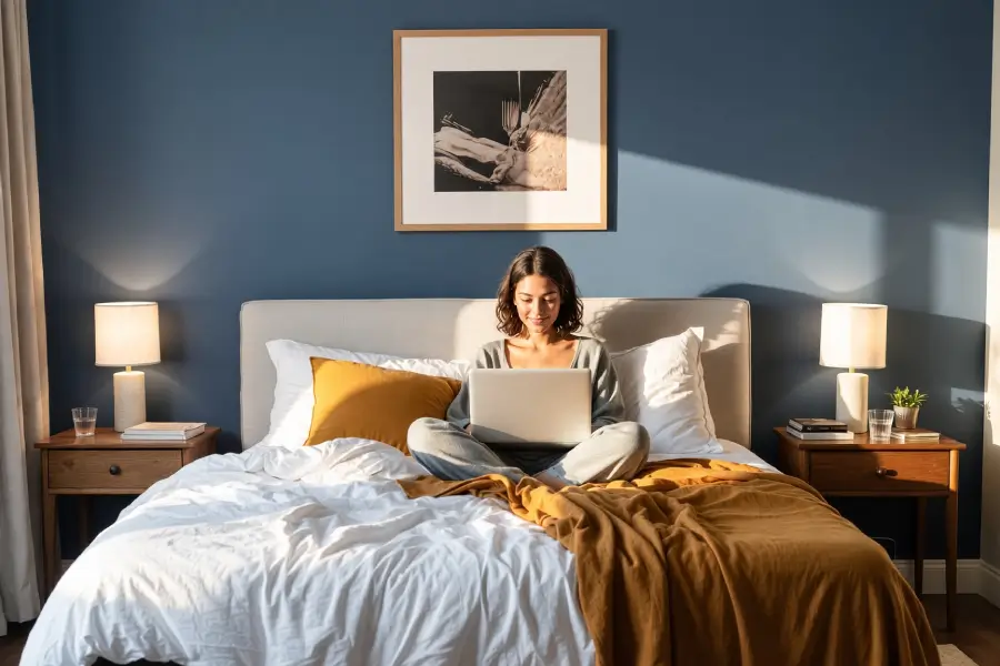 woman sitting on her bed with her laptop