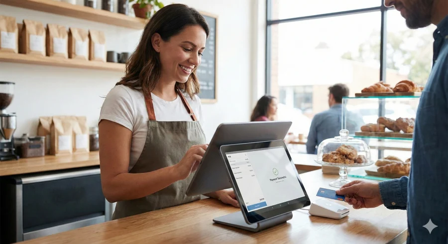 Barista working a POS system in a coffeeshop