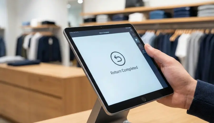 A person's hand is holding a tablet displaying a "Return Completed" message with a return icon, set within a retail clothing store with racks of clothes and wooden shelves in the background.