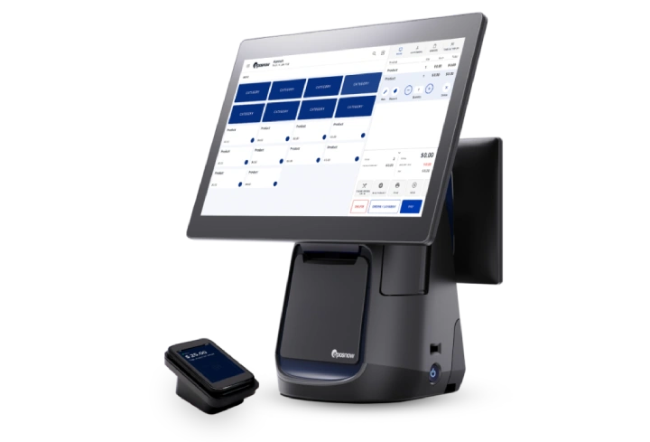 Epos Now touch-screen terminal with an integrated receipt printer and separate card payment device, displaying a hybrid dashboard for retail and hospitality.