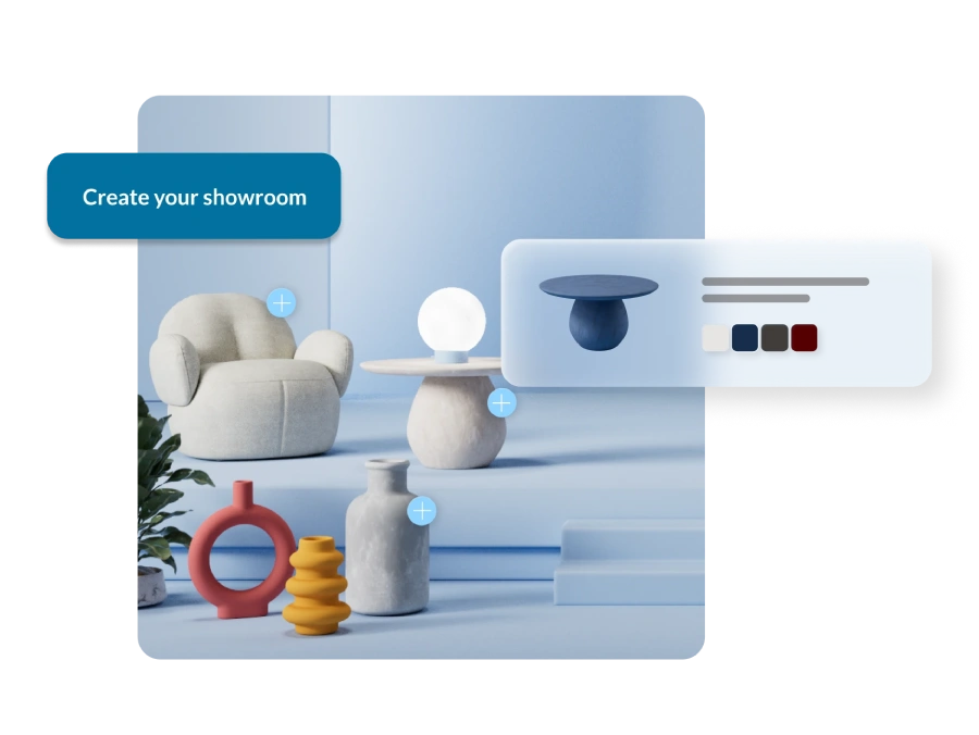 Concept image illustrating the creation of a digital showroom for home decor products, highlighting a blue stool."
