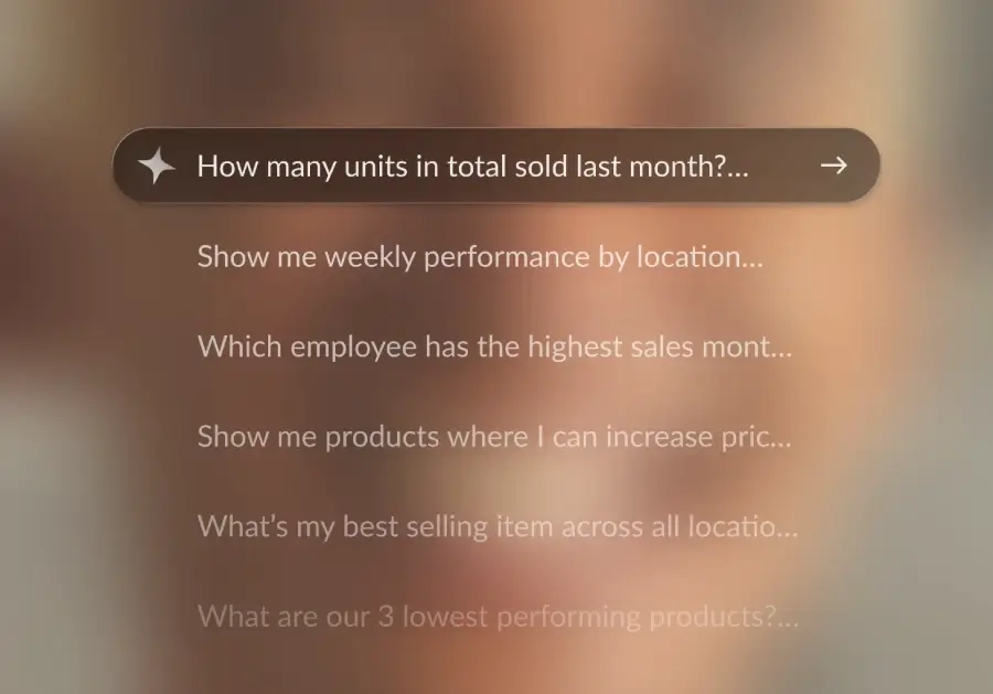 Mobile app screen showing natural language queries for business data, like 'How many units in total sold last month?'