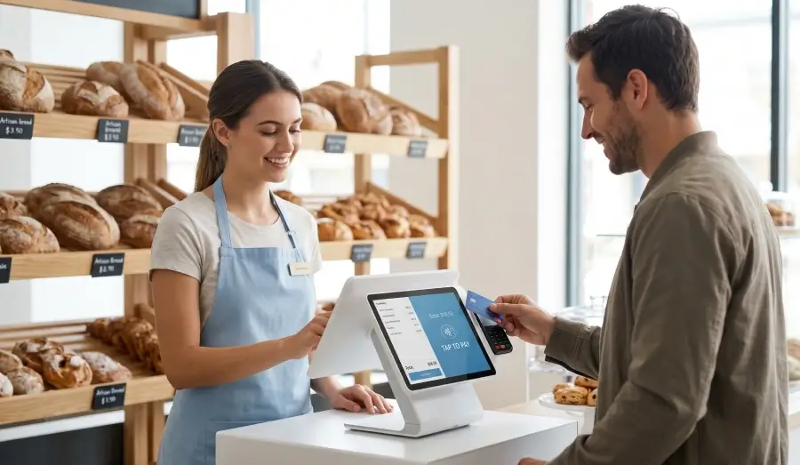 A small business owner in a bakery processing a contactless payment as a customer taps their credit card on a modern, customer-facing free pos machine.