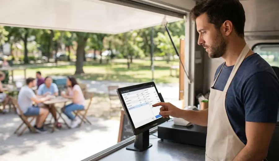 A food truck operator using a touchscreen free pos system for restaurant interface to manage digital orders and customer sales data outdoors.
