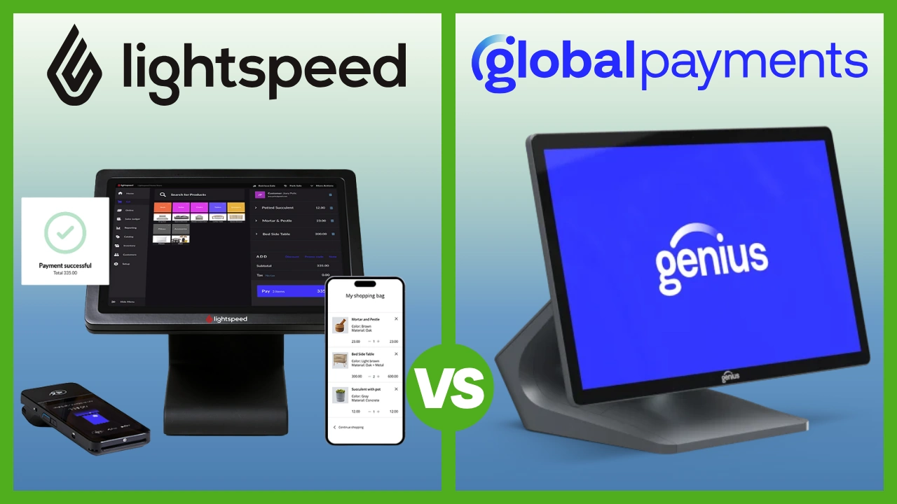 Side-by-side comparison of Lightspeed POS hardware and a Global Payments Genius POS terminal.