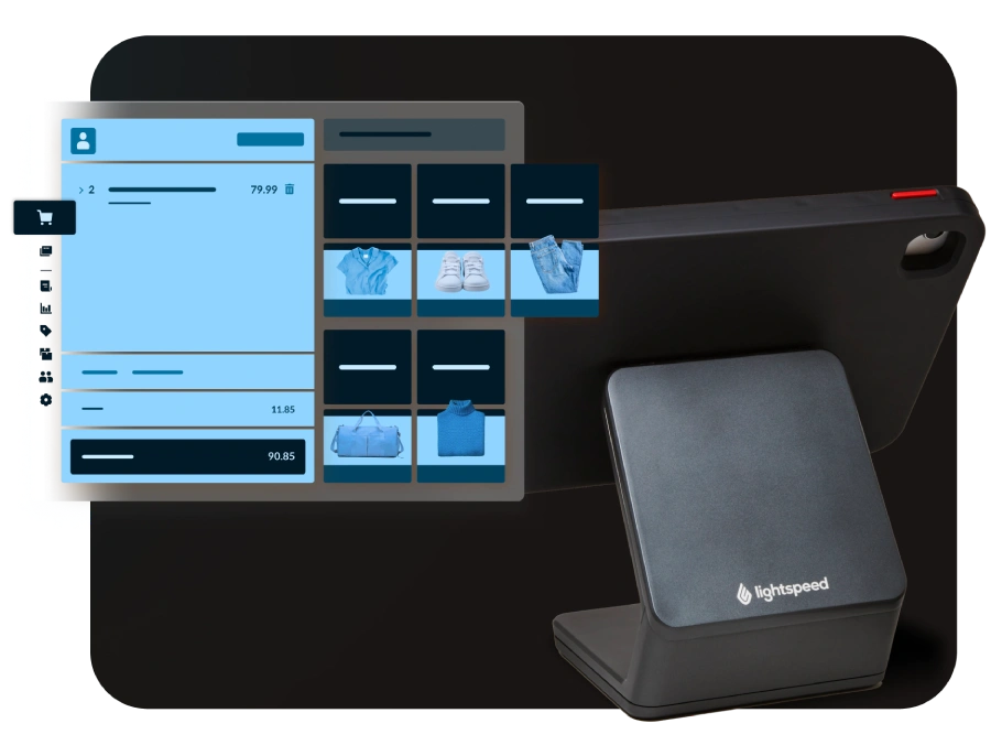 A Lightspeed POS tablet stand shown next to a digital mockup of its retail checkout software displaying apparel items.