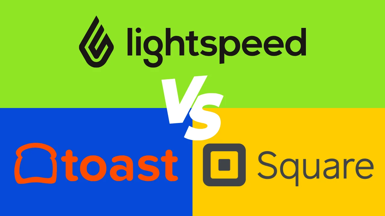 Comparison graphic for Lightspeed vs Toast vs Square POS systems, featuring the Lightspeed logo on a lime green background, the Toast logo on a blue background, and the Square logo on a yellow background, divided by a bold white 'Vs' text in the center.