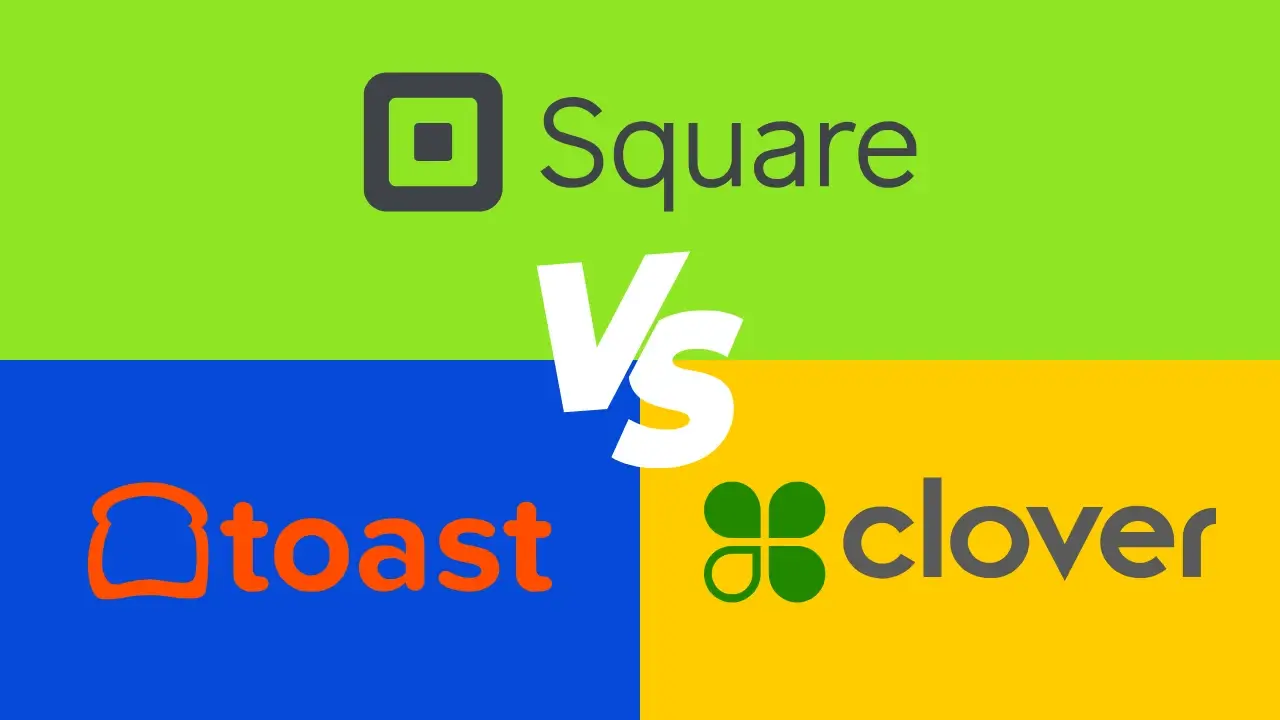 A split-color comparison graphic from the file Square vs Toast vs Clover POS.png, featuring the Square logo on a light green top section, the Toast logo on a blue bottom-left section, and the Clover logo on a yellow bottom-right section, with a white "Vs" centered between them.