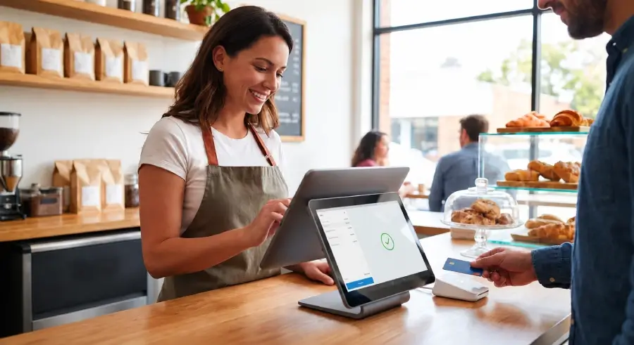 Barista working a POS system in a coffeeshop