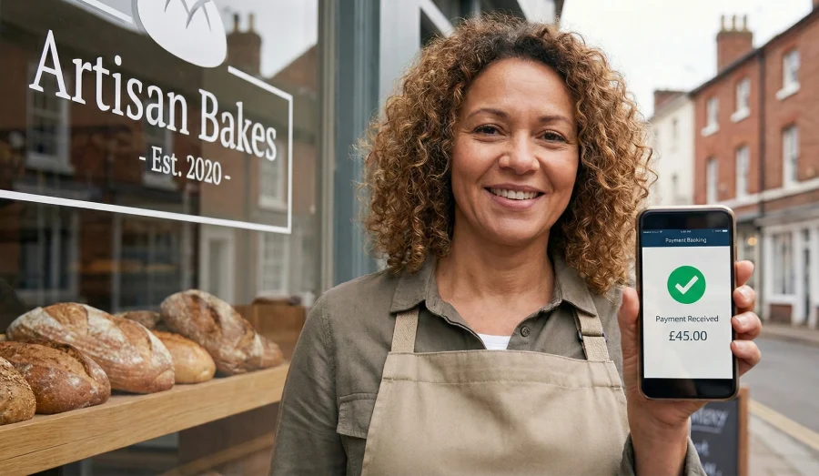 Woman with card reader receiving payment