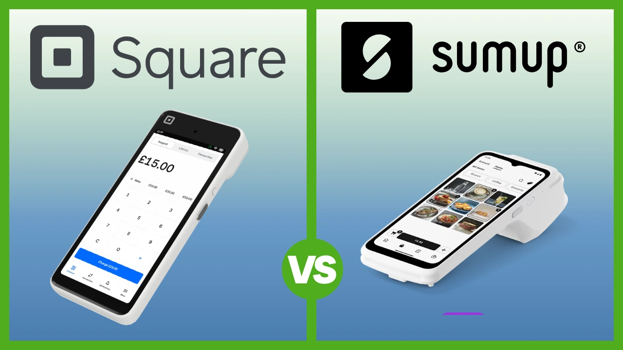 A side-by-side comparison graphic showing a Square Terminal on the left and a SumUp point-of-sale card reader on the right, separated by a green 'VS' badge.