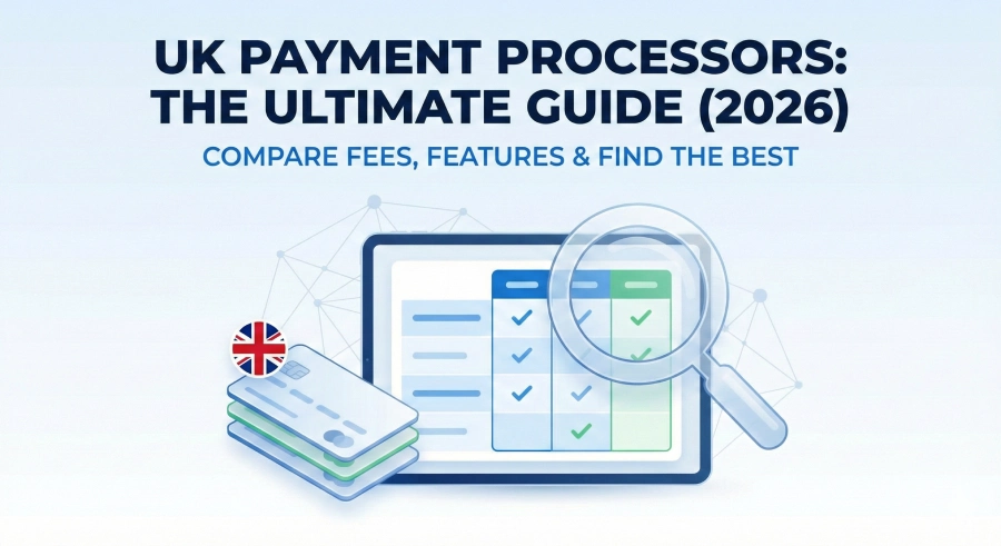 Thumbnail graphic with the title "UK PAYMENT PROCESSORS: THE ULTIMATE GUIDE (2026)" and subtitle "COMPARE FEES, FEATURES & FIND THE BEST." Below the text, a stylized tablet displays a comparison table with checkmarks, viewed through a transparent magnifying glass. To the left of the tablet is a stack of three credit cards, with the top card featuring a small Union Jack flag icon. The background is a light blue gradient with a subtle geometric network pattern.