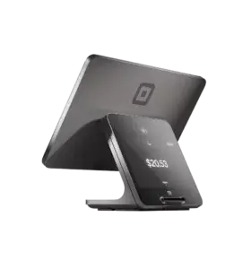 Square Register point-of-sale terminal displaying a $20.53 transaction with item details, accept payment button, and Square card reader hardware