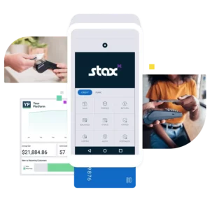 Stax payments dashboard on desktop and mobile showing an average sale of $21,884.86, recent transactions list, and the Stax mobile app interface