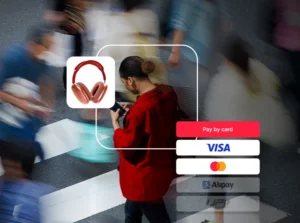 Worldpay global payments visualization showing an aerial view of a crosswalk with payment method logos including Visa, Mastercard, Alipay, and UPI overlaid, representing enterprise global payment processing