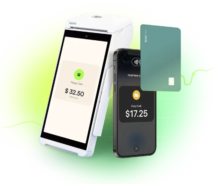 Kurv payment hardware showing the Kurv terminal device alongside an iPhone with Tap to Pay enabled and a contactless card, demonstrating omnichannel payment acceptance