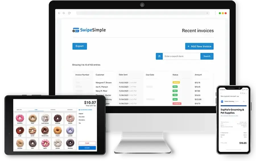 Leaders Merchant Services SwipeSimple multi-device view showing the invoices dashboard on desktop, a donut item POS on tablet, and a mobile payment confirmation for Sophia's Grooming and Pet Supplies