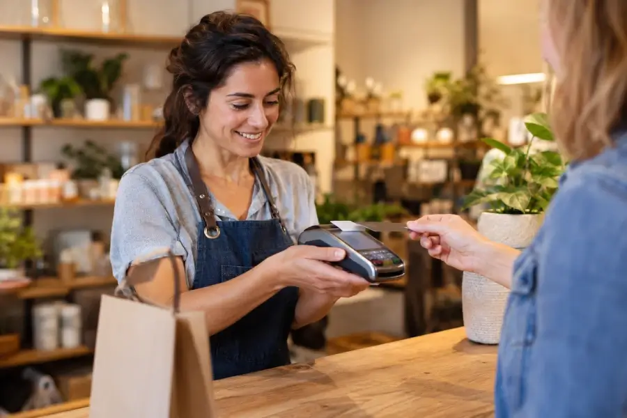 A smiling retail clerk holding out a POS payment terminal as a customer pays with a credit card at a shop counter.
