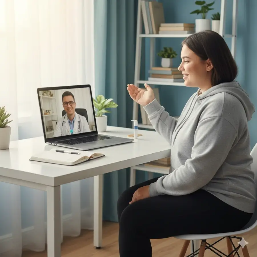 A young woman in a telehealth call with her doctor advising about GLP-1s