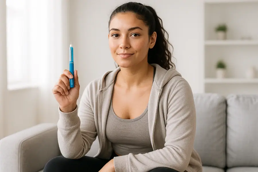 A young confident woman holding up an injector pen