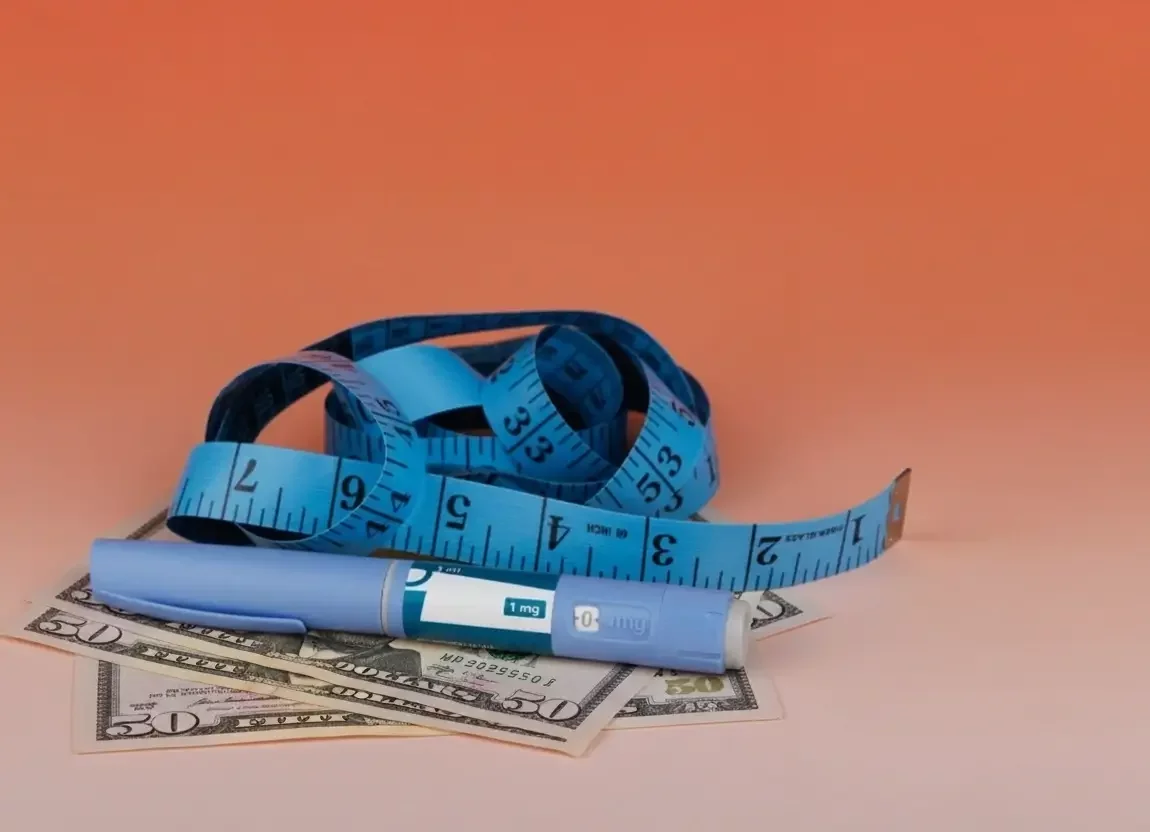 GLP-1 injection with tape measure &amp; dollar bills