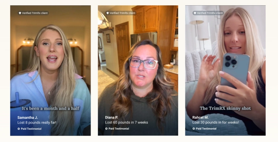 Video testimonials from verified TrimRx clients sharing their weight loss journey results, featuring users Samantha, Diana, and Rachel discussing their success with the TrimRX weight loss program.