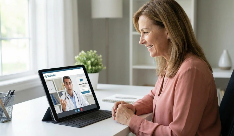 A woman smiling while sitting at a desk and having a telehealth video consultation with a male doctor on a tablet screen. The screen shows a 