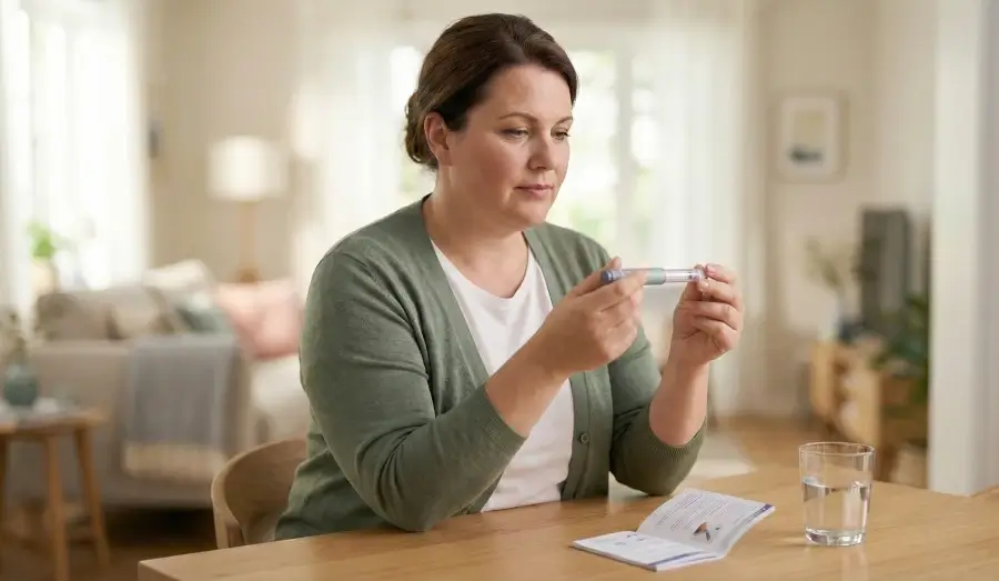 A woman sitting at a wooden table in a sunlit room, holding and looking at a weight loss injector pen. An open instruction booklet and a glass of water are on the table next to her.