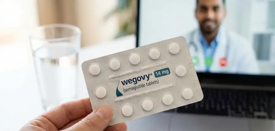 This close-up of the branded Wegovy blister pack with a doctor on the screen perfectly visualizes the new oral option and the telehealth service.