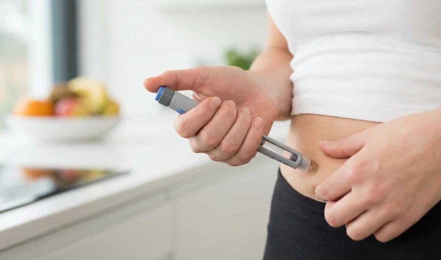 Close up of a person safely administering a weight loss injection into the subcutaneous fat of their lower abdomen.
