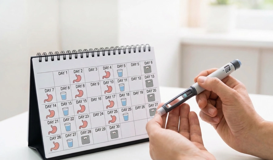 A patient holding a GLP-1 weight loss injection pen next to a 30-day calendar tracking daily symptoms and hydration.
