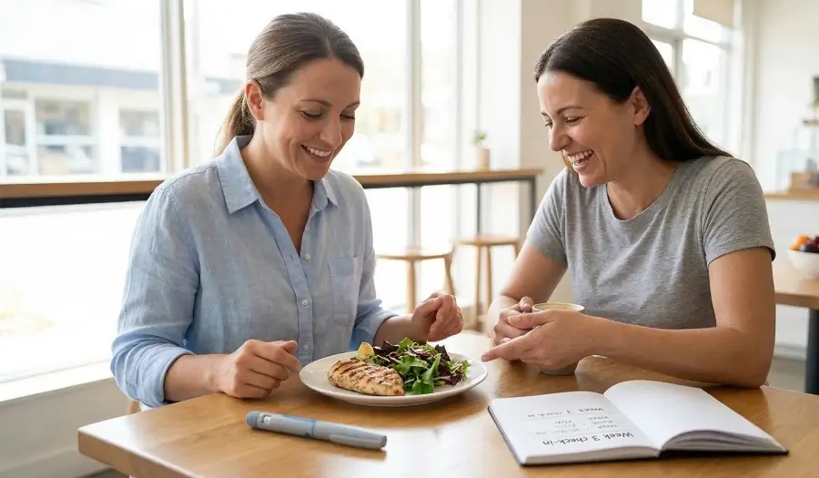 Two smiling women are seated at a light wood table inside a bright, modern cafe with large windows. The woman on the left, in a blue button-up shirt, smiles at a plate of grilled chicken salad on the table. The woman on the right, in a grey t-shirt, laughs broadly and holds a white mug while gesturing. On the table between them are an open journal with "Week 3 check-in" handwritten, a grey medical pen device, and the meal. A bowl of fruit is visible on a back counter.
