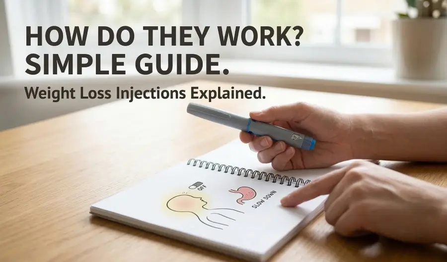 A Shutterstock-style stock photograph of human hands on a wooden table. One hand holds a grey and blue weight loss injection pen, while the other points to an open spiral-bound notebook containing hand-drawn diagrams illustrating the brain ("OFF" switch) and gut ("SLOW DOWN") effects. Large text overlay reads: "HOW DO THEY WORK? SIMPLE GUIDE." with a subtitle "Weight Loss Injections Explained."